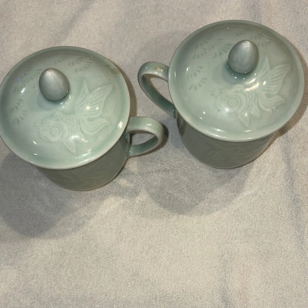 Vintage Pier 1 Elegant celadon koi fish Mugs with Lids